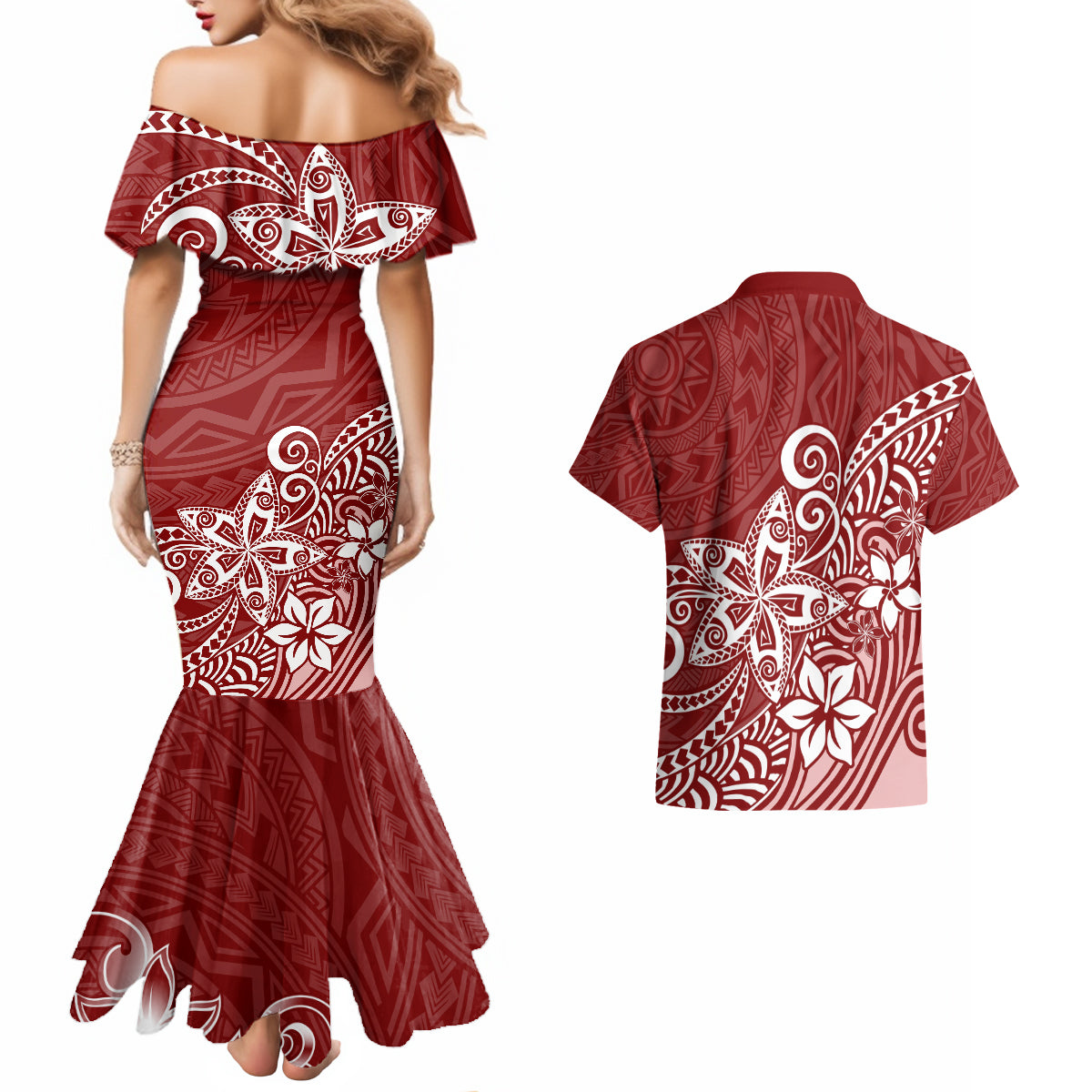 Polynesia Couples Matching Mermaid Dress And Hawaiian Shirt Plumeria Red Curves LT7 - Wonder Print Shop
