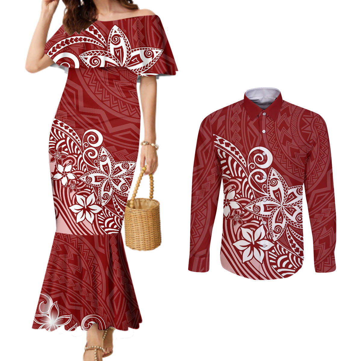 polynesia-couples-matching-mermaid-dress-and-long-sleeve-button-shirts-plumeria-red-curves