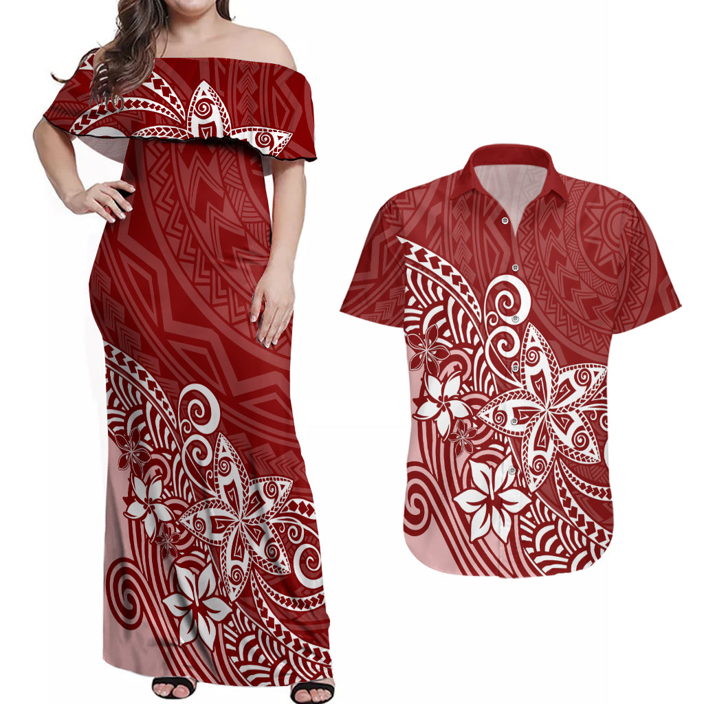 Polynesia Couples Matching Off Shoulder Maxi Dress and Hawaiian Shirt Plumeria Red Curves LT7 - Wonder Print Shop
