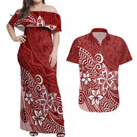 Polynesia Couples Matching Off Shoulder Maxi Dress and Hawaiian Shirt Plumeria Red Curves LT7 - Wonder Print Shop