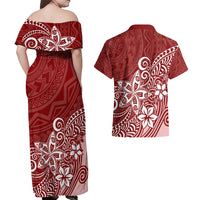 Polynesia Couples Matching Off Shoulder Maxi Dress and Hawaiian Shirt Plumeria Red Curves LT7 - Wonder Print Shop