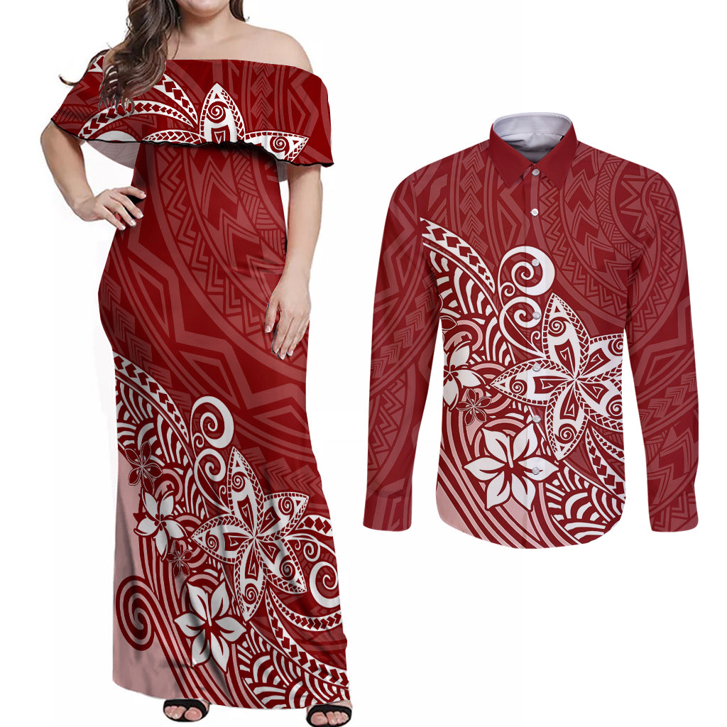 Polynesia Couples Matching Off Shoulder Maxi Dress and Long Sleeve Button Shirts Plumeria Red Curves LT7 - Wonder Print Shop