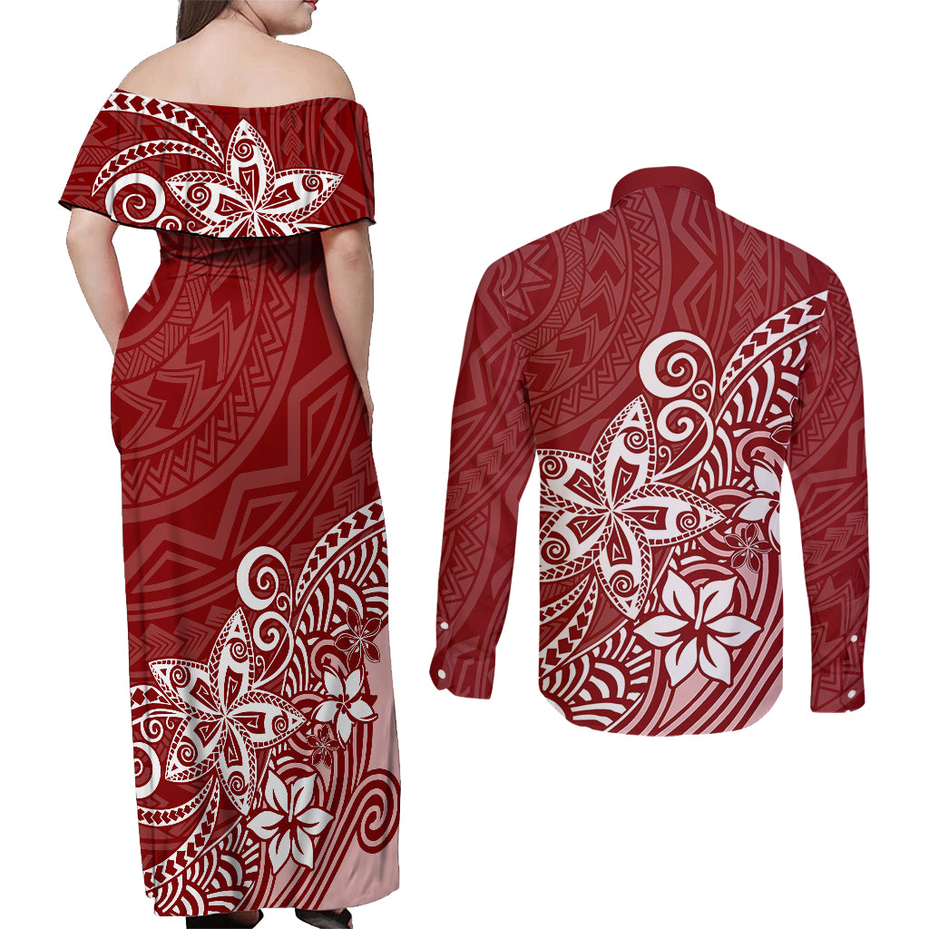 Polynesia Couples Matching Off Shoulder Maxi Dress and Long Sleeve Button Shirts Plumeria Red Curves LT7 - Wonder Print Shop