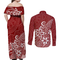 Polynesia Couples Matching Off Shoulder Maxi Dress and Long Sleeve Button Shirts Plumeria Red Curves LT7 - Wonder Print Shop