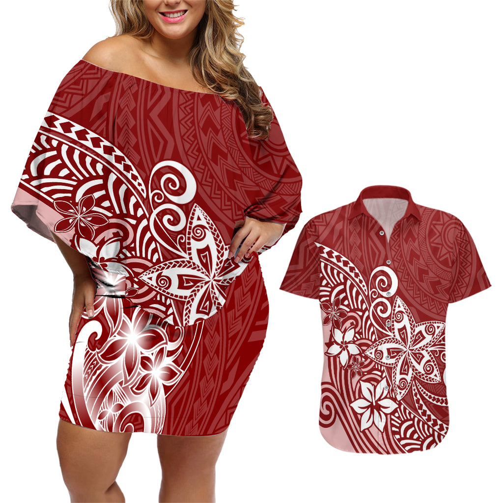 Polynesia Couples Matching Off Shoulder Short Dress and Hawaiian Shirt Plumeria Red Curves LT7 - Wonder Print Shop
