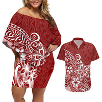Polynesia Couples Matching Off Shoulder Short Dress and Hawaiian Shirt Plumeria Red Curves LT7 - Wonder Print Shop
