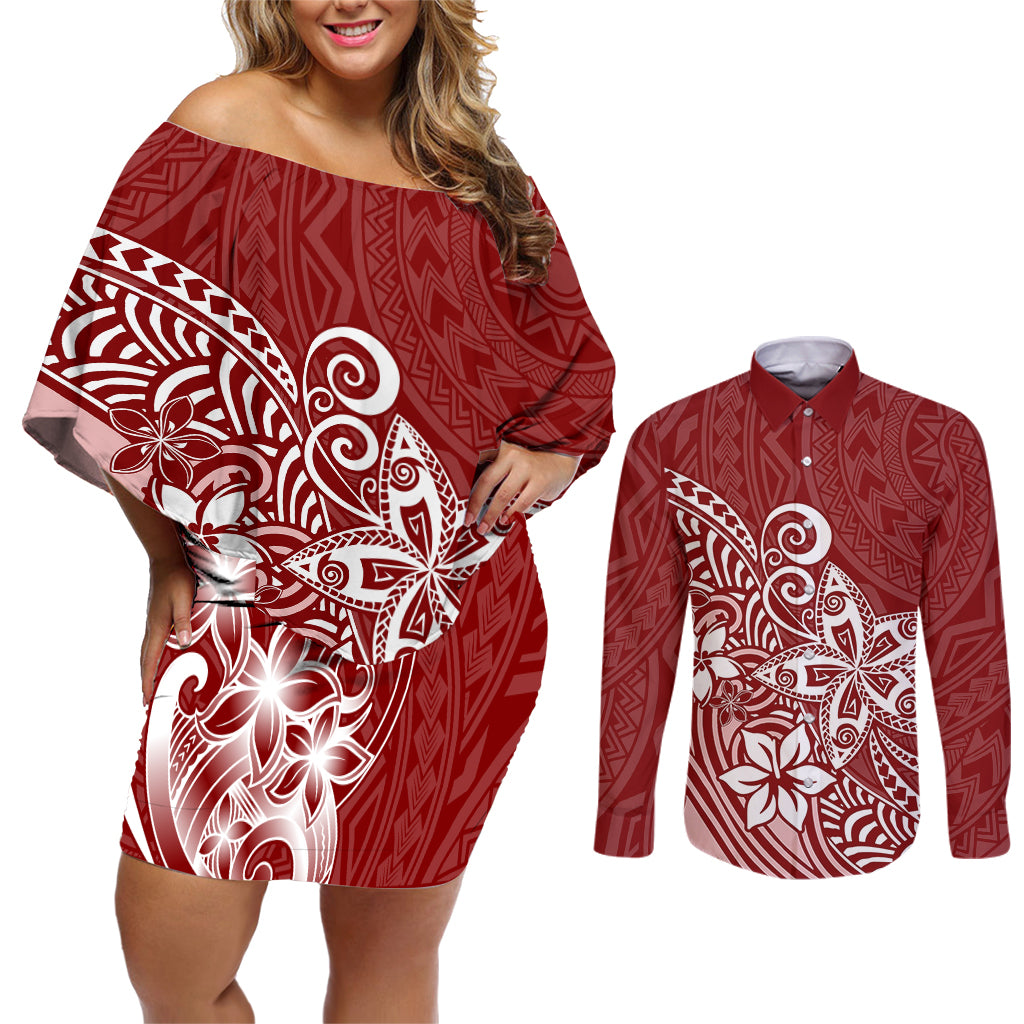 Polynesia Couples Matching Off Shoulder Short Dress and Long Sleeve Button Shirts Plumeria Red Curves LT7 - Wonder Print Shop
