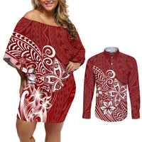 Polynesia Couples Matching Off Shoulder Short Dress and Long Sleeve Button Shirts Plumeria Red Curves LT7 - Wonder Print Shop