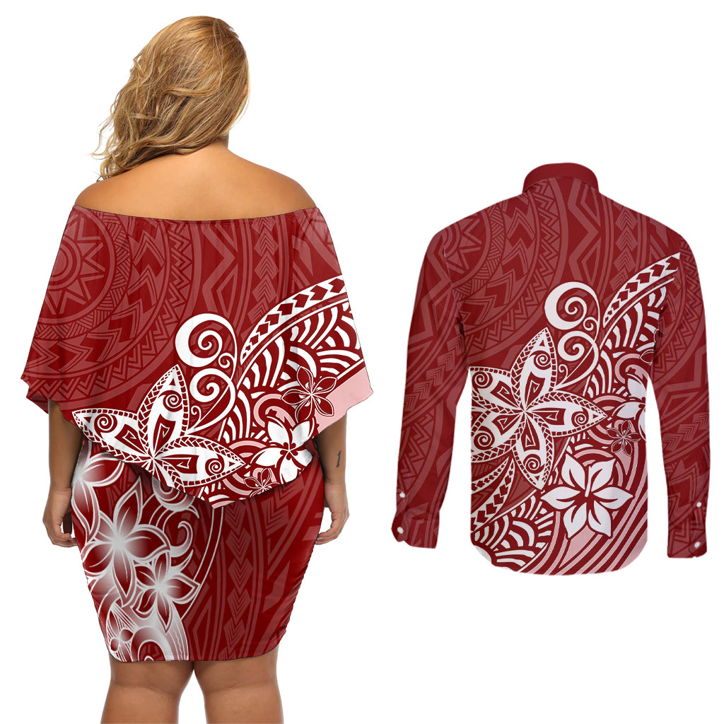Polynesia Couples Matching Off Shoulder Short Dress and Long Sleeve Button Shirts Plumeria Red Curves LT7 - Wonder Print Shop