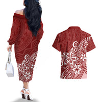 Polynesia Couples Matching Off The Shoulder Long Sleeve Dress and Hawaiian Shirt Plumeria Red Curves LT7 - Wonder Print Shop