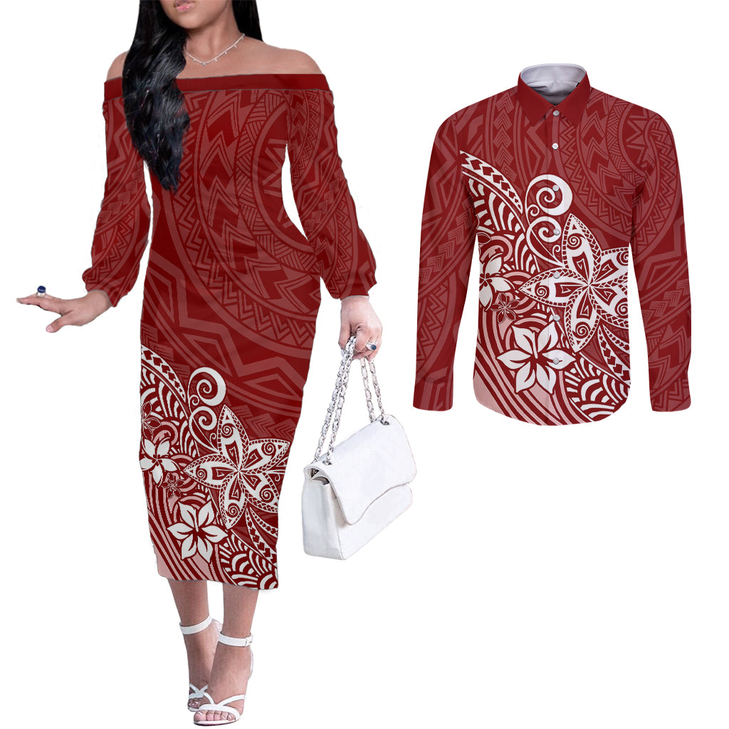 polynesia-couples-matching-off-the-shoulder-long-sleeve-dress-and-long-sleeve-button-shirts-plumeria-red-curves