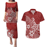 Polynesia Couples Matching Puletasi Dress and Hawaiian Shirt Plumeria Red Curves LT7 - Wonder Print Shop