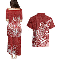 Polynesia Couples Matching Puletasi Dress and Hawaiian Shirt Plumeria Red Curves LT7 - Wonder Print Shop