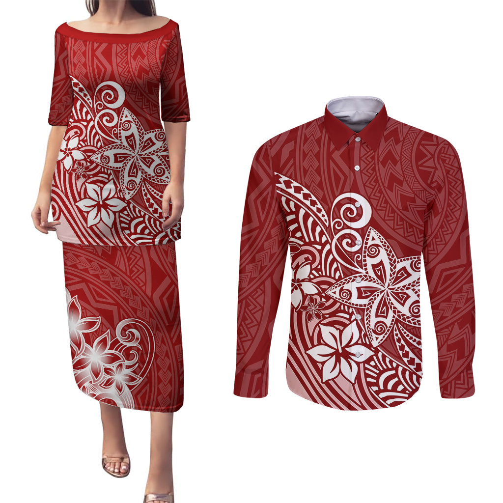 Polynesia Couples Matching Puletasi Dress and Long Sleeve Button Shirts Plumeria Red Curves LT7 - Wonder Print Shop