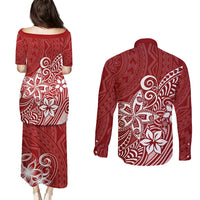 Polynesia Couples Matching Puletasi Dress and Long Sleeve Button Shirts Plumeria Red Curves LT7 - Wonder Print Shop