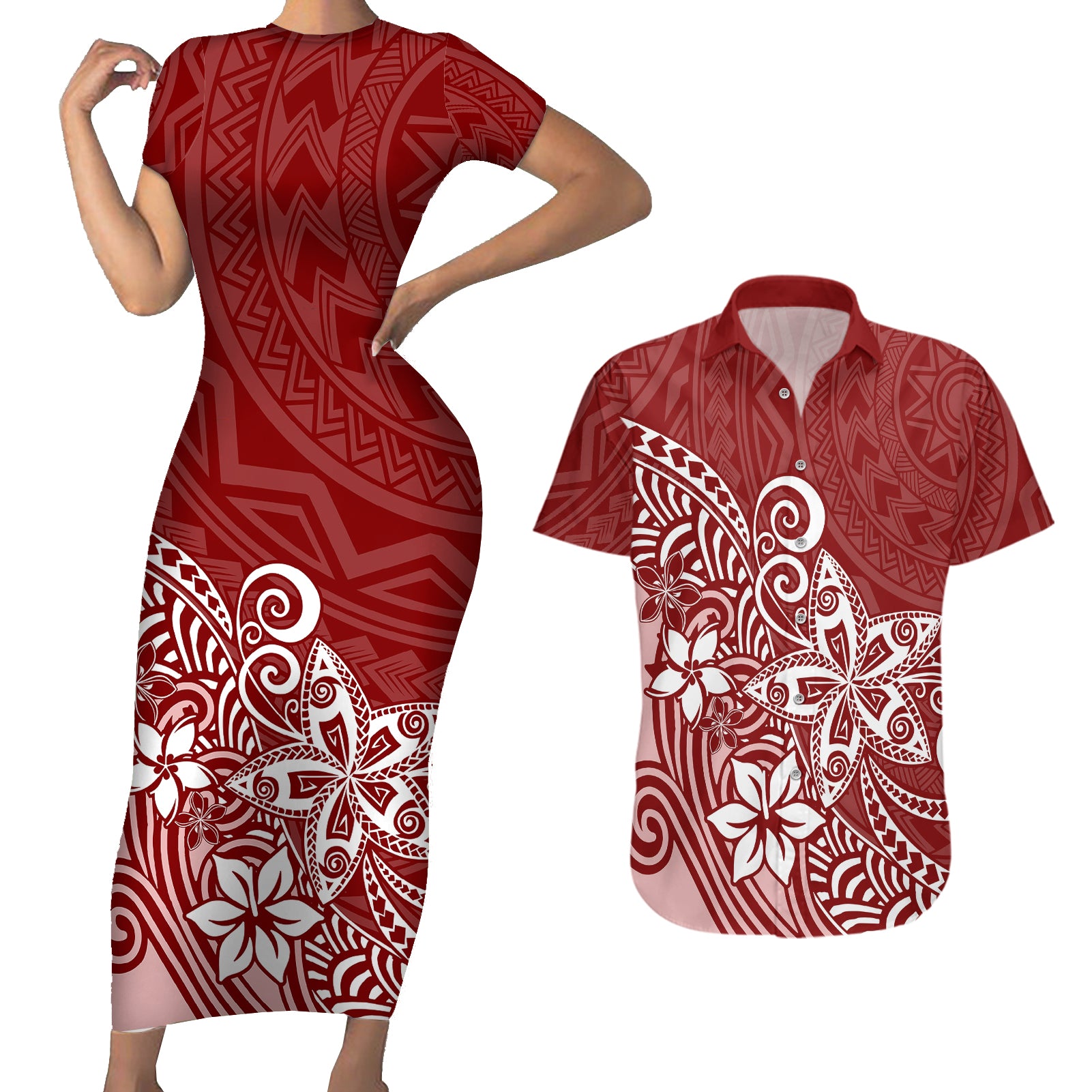 Polynesia Couples Matching Short Sleeve Bodycon Dress and Hawaiian Shirt Plumeria Red Curves LT7 - Wonder Print Shop