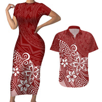 Polynesia Couples Matching Short Sleeve Bodycon Dress and Hawaiian Shirt Plumeria Red Curves LT7 - Wonder Print Shop