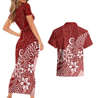 Polynesia Couples Matching Short Sleeve Bodycon Dress and Hawaiian Shirt Plumeria Red Curves LT7 - Wonder Print Shop