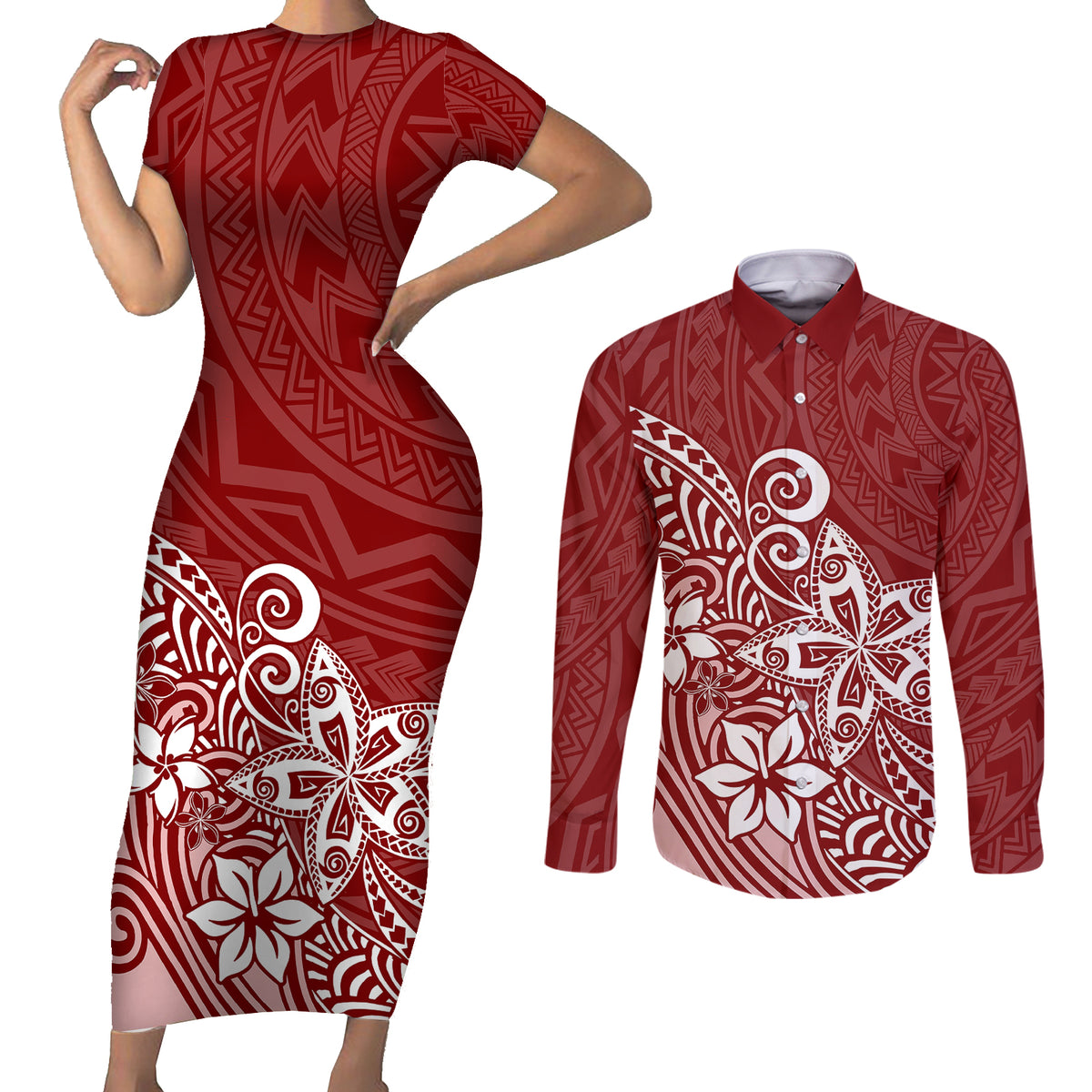 Polynesia Couples Matching Short Sleeve Bodycon Dress and Long Sleeve Button Shirts Plumeria Red Curves LT7 - Wonder Print Shop