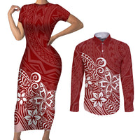 Polynesia Couples Matching Short Sleeve Bodycon Dress and Long Sleeve Button Shirts Plumeria Red Curves LT7 - Wonder Print Shop