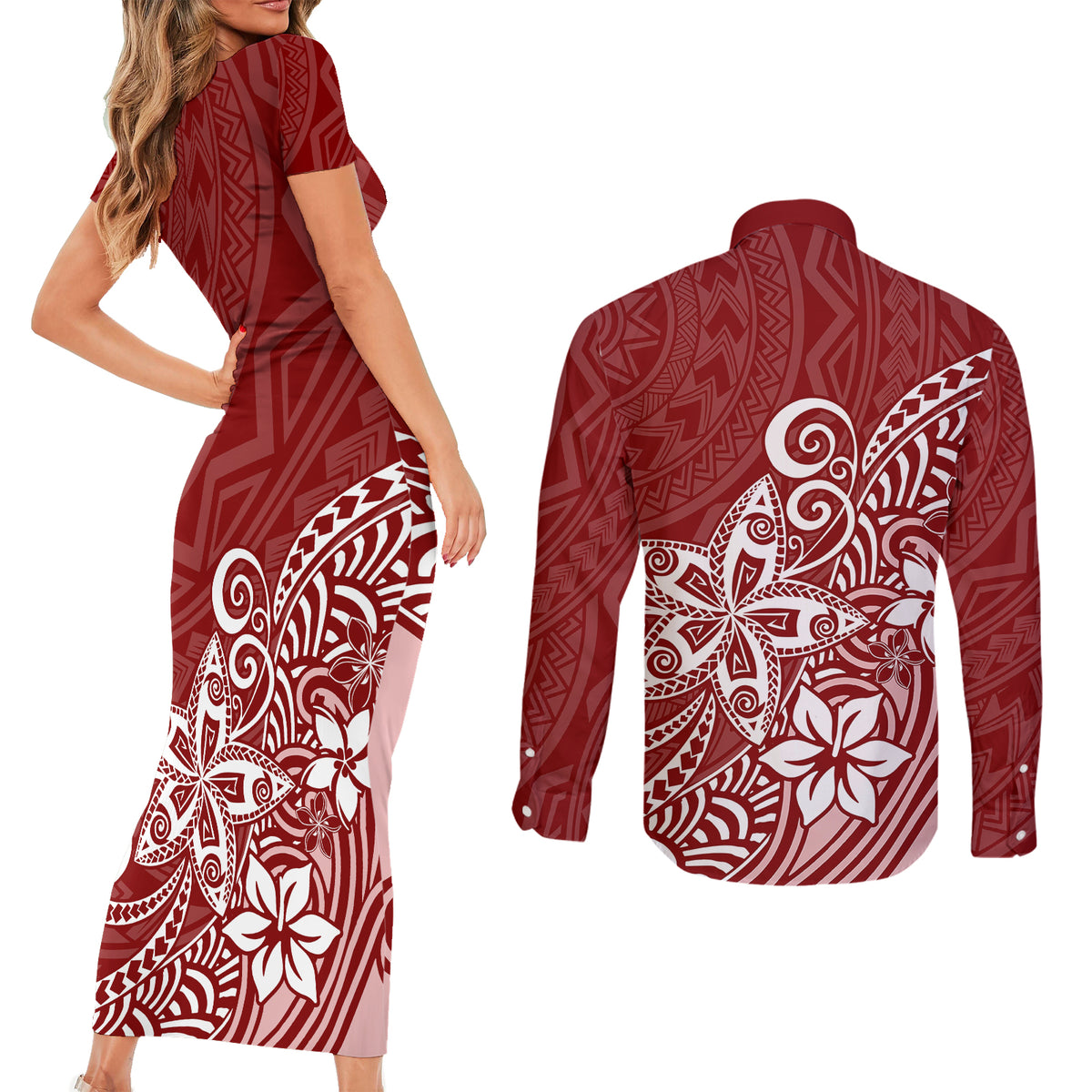 Polynesia Couples Matching Short Sleeve Bodycon Dress and Long Sleeve Button Shirts Plumeria Red Curves LT7 - Wonder Print Shop
