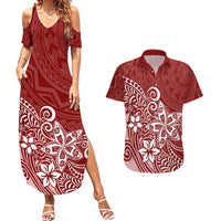Polynesia Couples Matching Summer Maxi Dress and Hawaiian Shirt Plumeria Red Curves LT7 - Wonder Print Shop