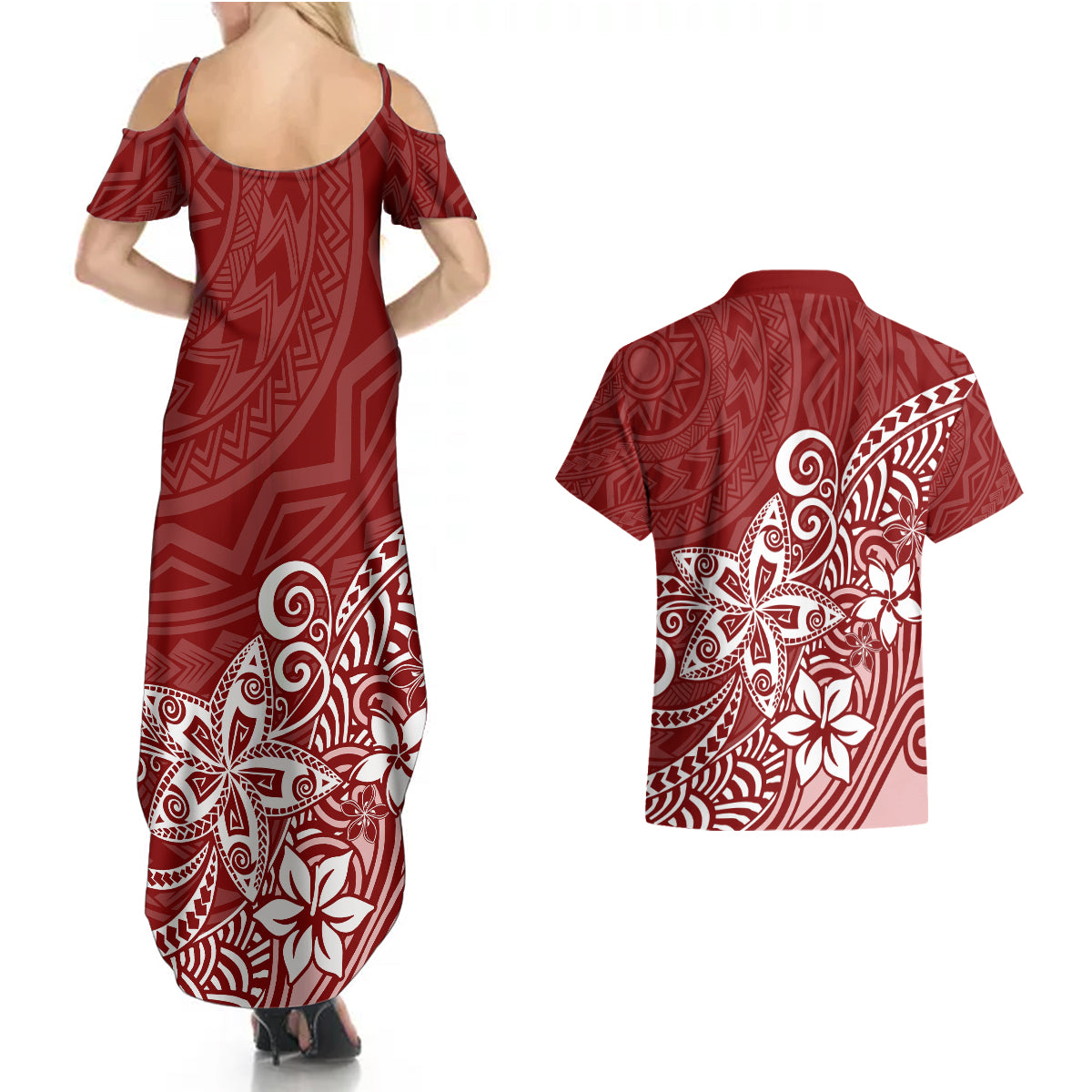 Polynesia Couples Matching Summer Maxi Dress and Hawaiian Shirt Plumeria Red Curves LT7 - Wonder Print Shop