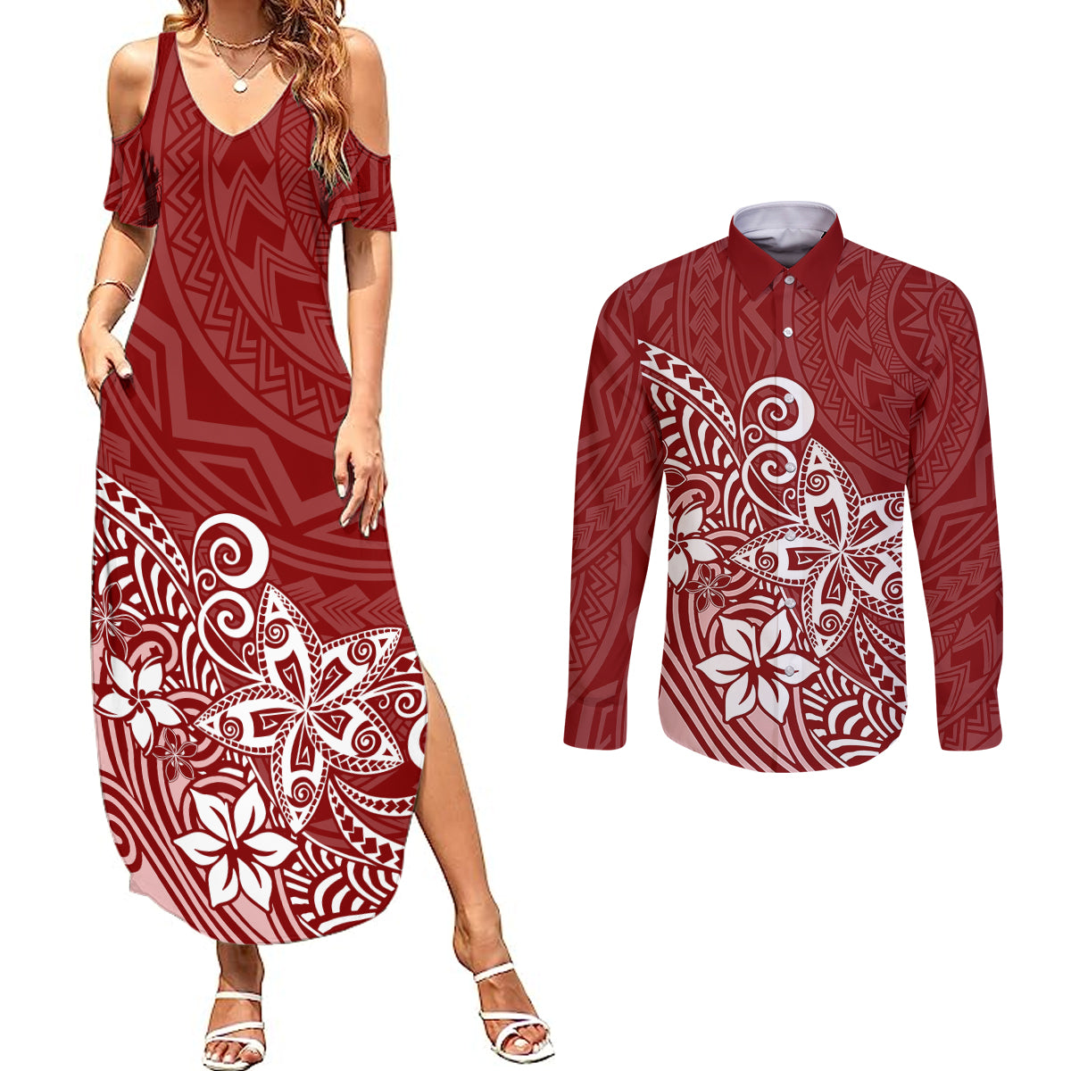 Polynesia Couples Matching Summer Maxi Dress and Long Sleeve Button Shirts Plumeria Red Curves LT7 - Wonder Print Shop