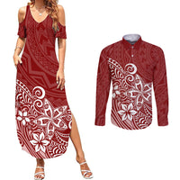 Polynesia Couples Matching Summer Maxi Dress and Long Sleeve Button Shirts Plumeria Red Curves LT7 - Wonder Print Shop