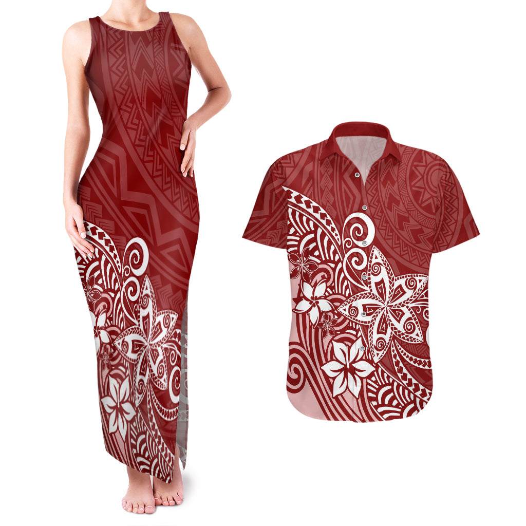 Polynesia Couples Matching Tank Maxi Dress And Hawaiian Shirt Plumeria Red Curves LT7 - Wonder Print Shop