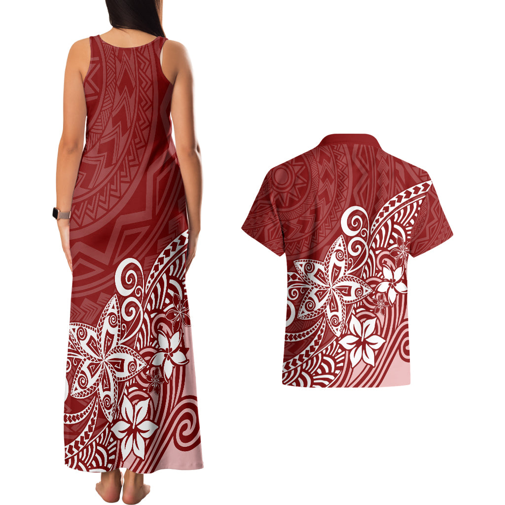 Polynesia Couples Matching Tank Maxi Dress And Hawaiian Shirt Plumeria Red Curves LT7 - Wonder Print Shop