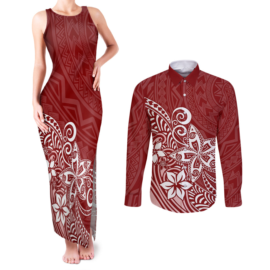 Polynesia Couples Matching Tank Maxi Dress and Long Sleeve Button Shirts Plumeria Red Curves LT7 - Wonder Print Shop