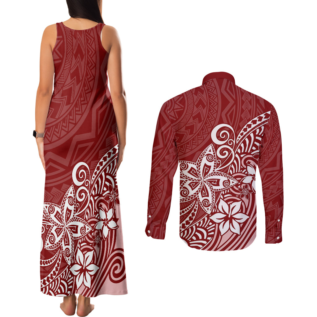 Polynesia Couples Matching Tank Maxi Dress and Long Sleeve Button Shirts Plumeria Red Curves LT7 - Wonder Print Shop
