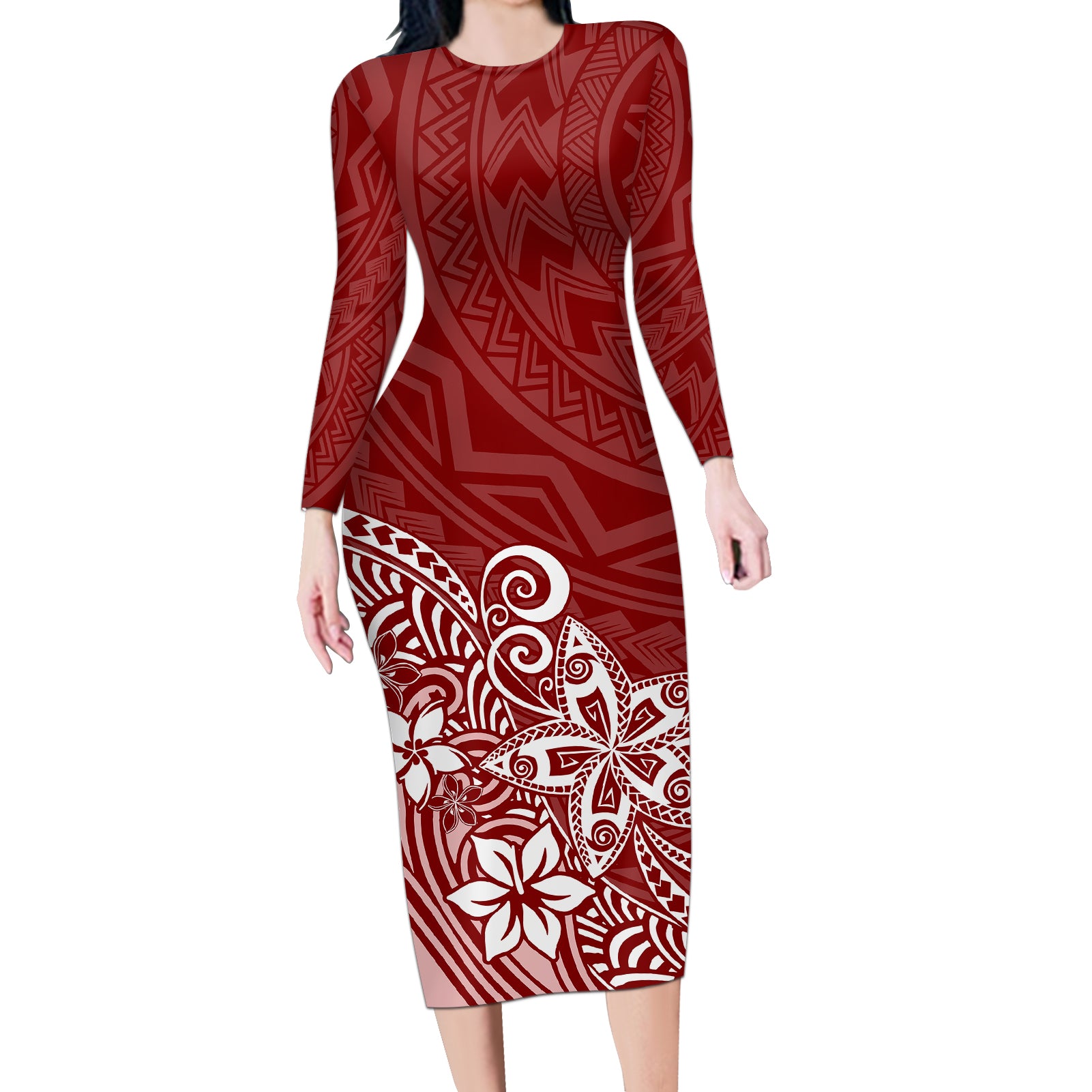Polynesia Long Sleeve Bodycon Dress Plumeria Red Curves - Wonder Print Shop