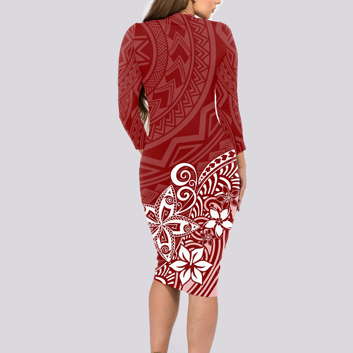 Polynesia Long Sleeve Bodycon Dress Plumeria Red Curves - Wonder Print Shop