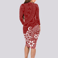 Polynesia Long Sleeve Bodycon Dress Plumeria Red Curves - Wonder Print Shop