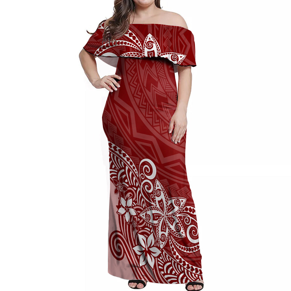 Polynesia Off Shoulder Maxi Dress Plumeria Red Curves - Wonder Print Shop