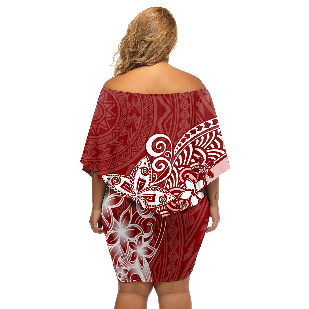 Polynesia Off Shoulder Short Dress Plumeria Red Curves - Wonder Print Shop