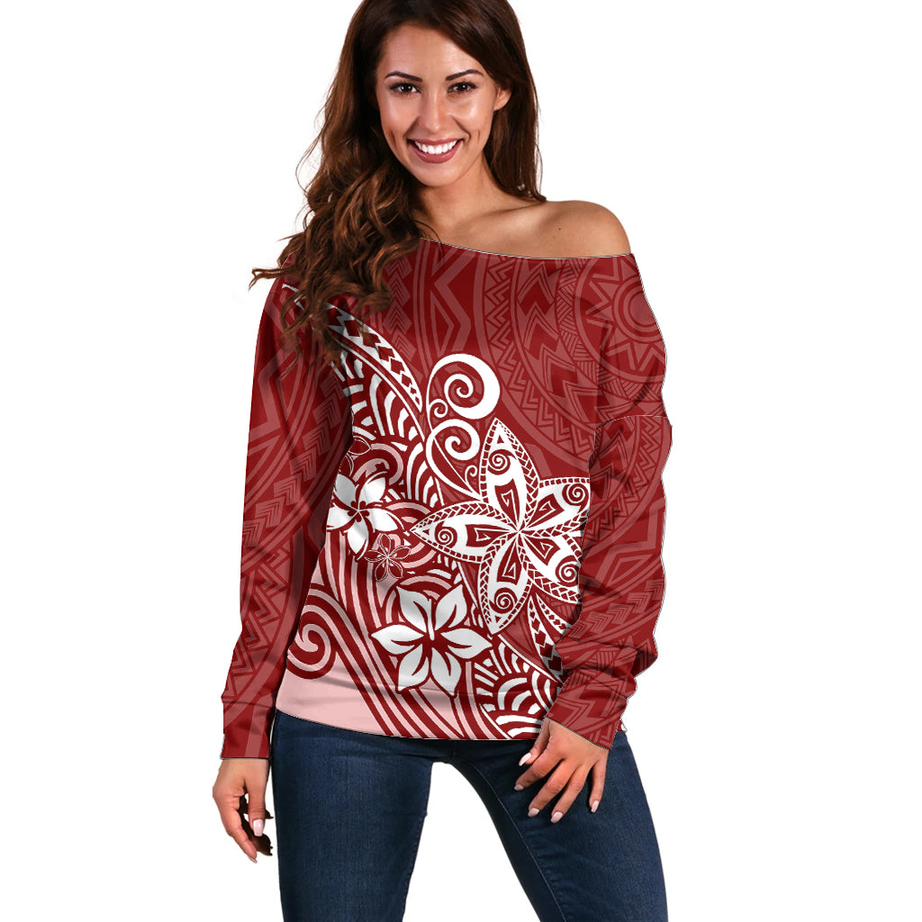 Polynesia Off Shoulder Sweater Plumeria Red Curves - Wonder Print Shop
