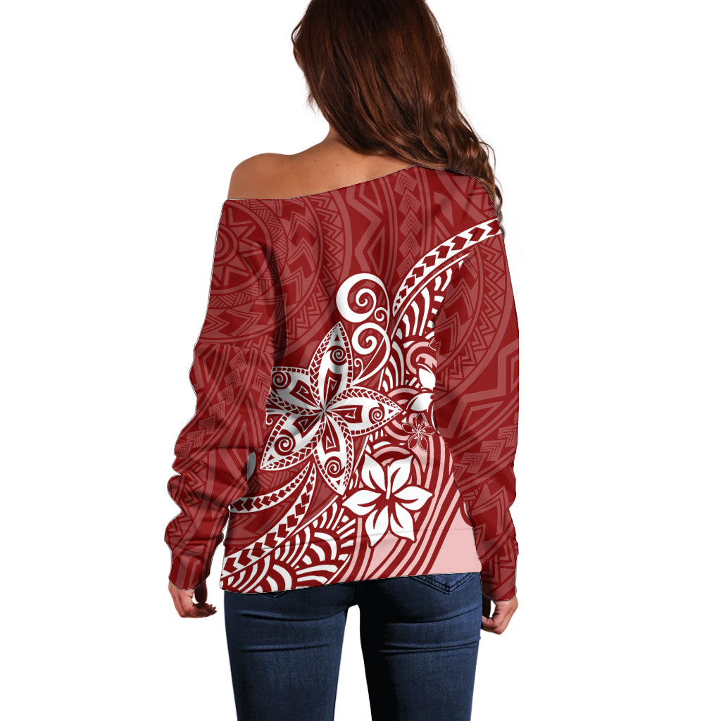 Polynesia Off Shoulder Sweater Plumeria Red Curves - Wonder Print Shop