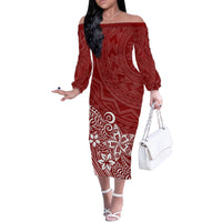 Polynesia Off The Shoulder Long Sleeve Dress Plumeria Red Curves - Wonder Print Shop
