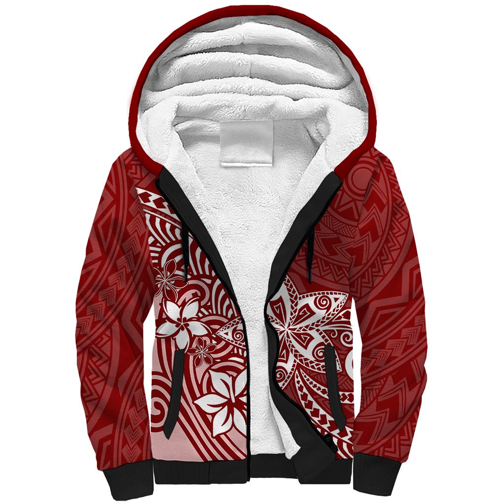 Polynesia Sherpa Hoodie Plumeria Red Curves - Wonder Print Shop