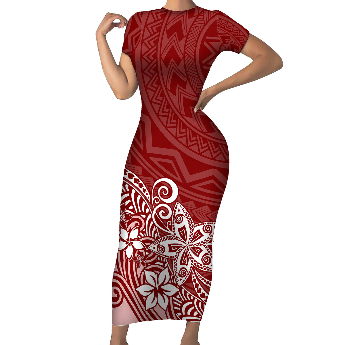 Polynesia Short Sleeve Bodycon Dress Plumeria Red Curves - Wonder Print Shop