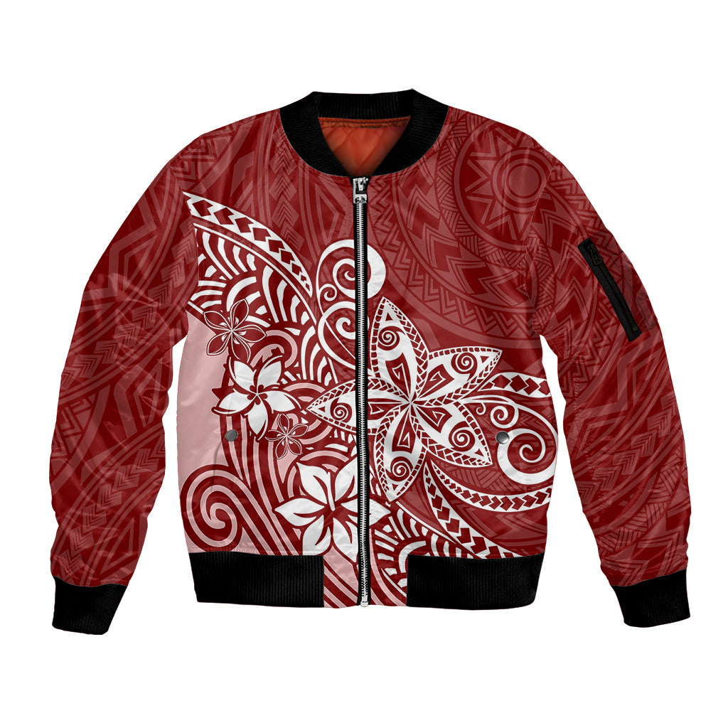 Polynesia Sleeve Zip Bomber Jacket Plumeria Red Curves - Wonder Print Shop