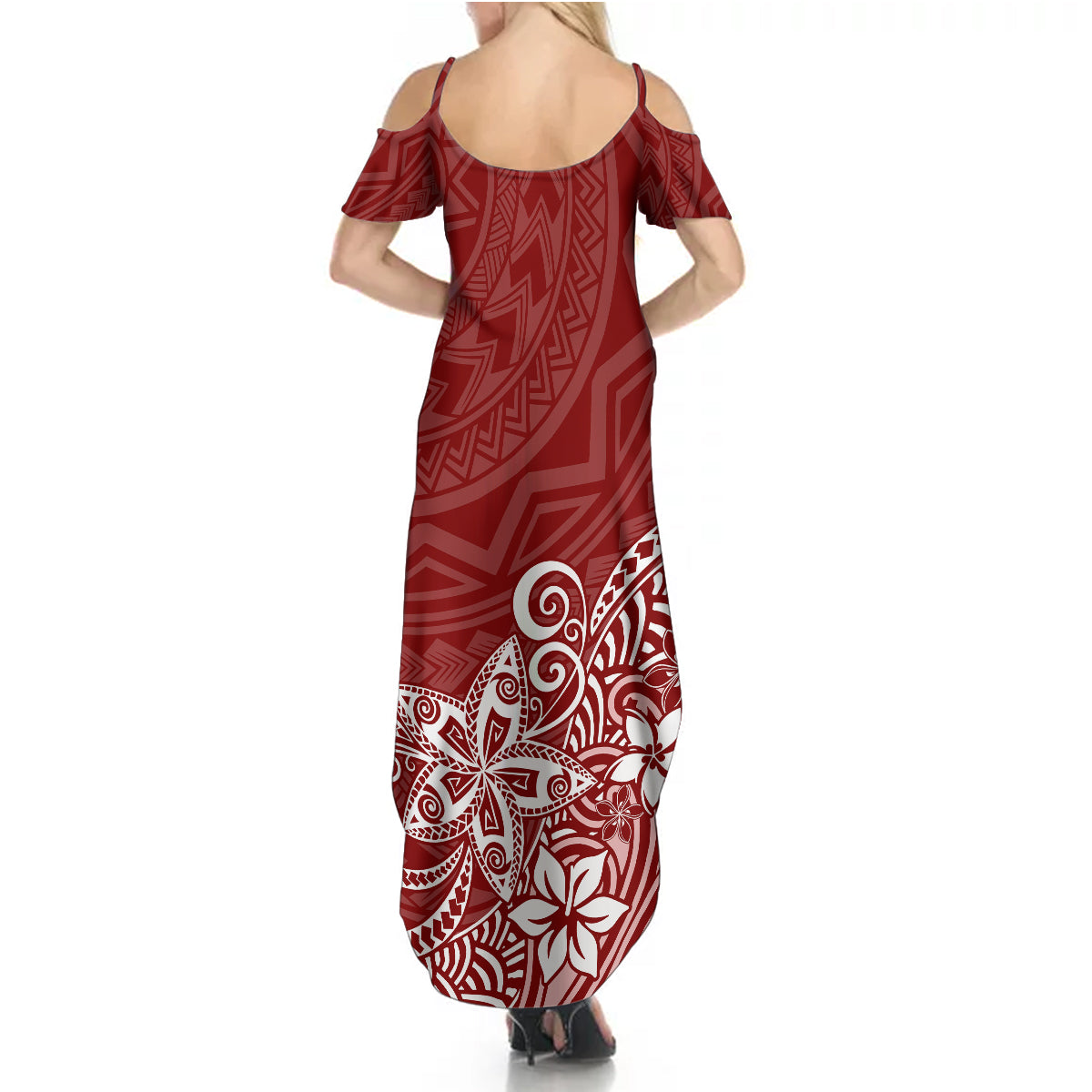 Polynesia Summer Maxi Dress Plumeria Red Curves - Wonder Print Shop