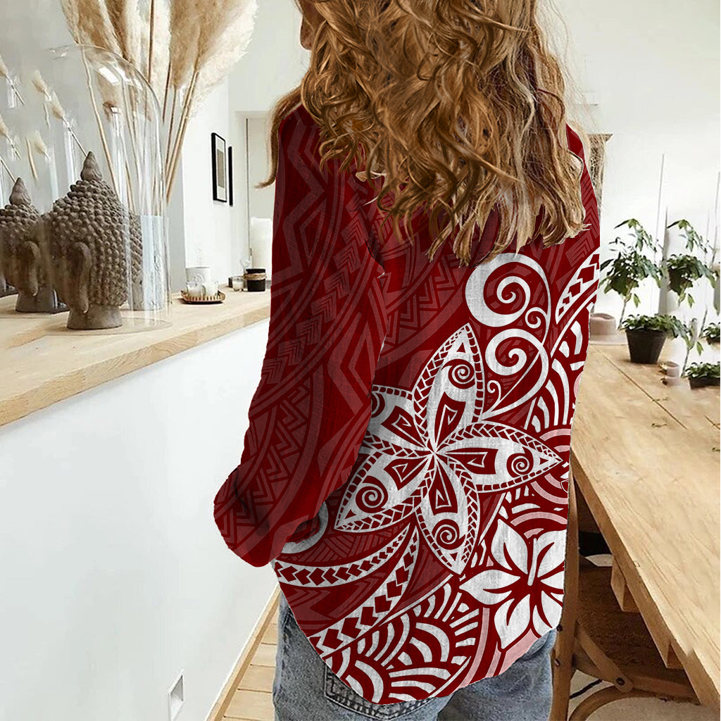 Polynesia Women Casual Shirt Plumeria Red Curves - Wonder Print Shop