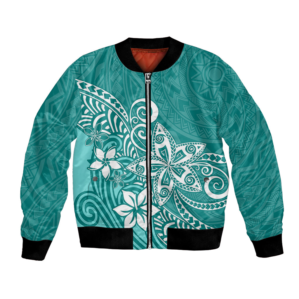 Polynesia Bomber Jacket Plumeria Teal Curves LT7 - Wonder Print Shop