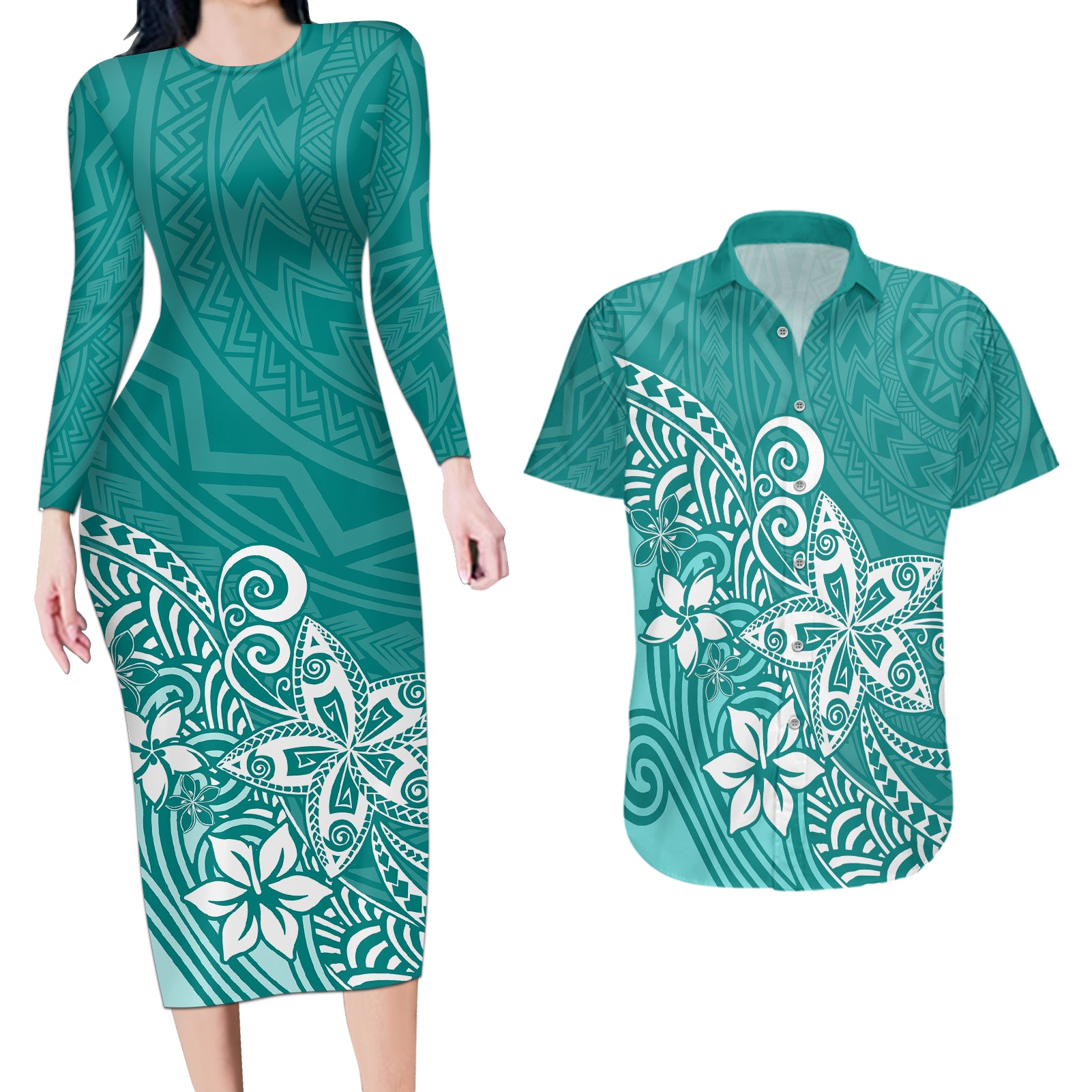Polynesia Couples Matching Long Sleeve Bodycon Dress and Hawaiian Shirt Plumeria Teal Curves LT7 - Wonder Print Shop