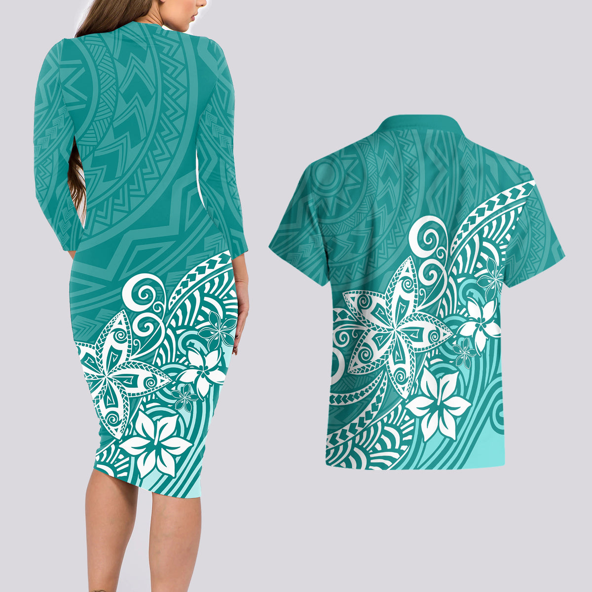 Polynesia Couples Matching Long Sleeve Bodycon Dress and Hawaiian Shirt Plumeria Teal Curves LT7 - Wonder Print Shop