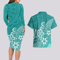 Polynesia Couples Matching Long Sleeve Bodycon Dress and Hawaiian Shirt Plumeria Teal Curves LT7 - Wonder Print Shop